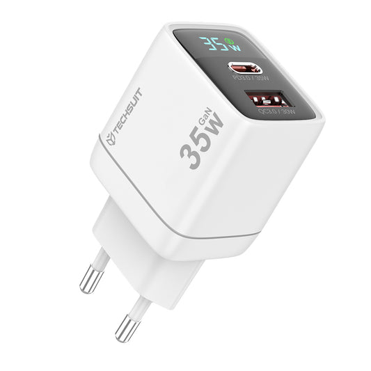 Síťová nabíječka Techsuit CH3 LEDChargX Display, 35W, 3A, 1 x USB-A - 1 x USB-C, Bílá
