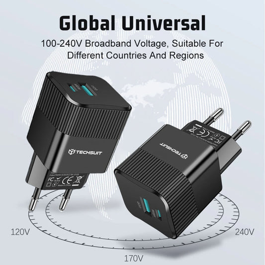 Síťová nabíječka Techsuit CHPD216 Tiny, 25W, 3A, 1 x USB-A - 1 x USB-C, bílá