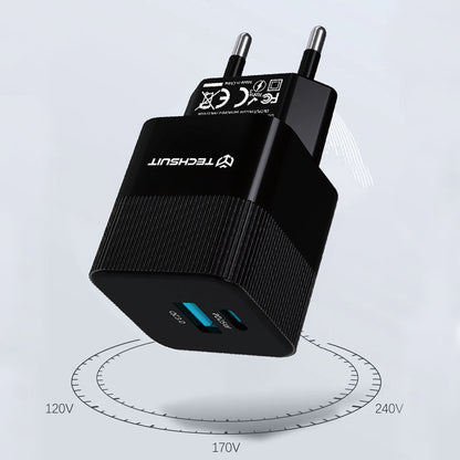 Síťová nabíječka Techsuit CHPD216 Tiny, 25W, 3A, 1 x USB-A - 1 x USB-C, černá