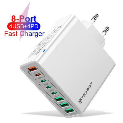 Síťová nabíječka Techsuit CHPD224, 65W, 3.25A, 4 x USB-A - 4 x USB-C, Bílá