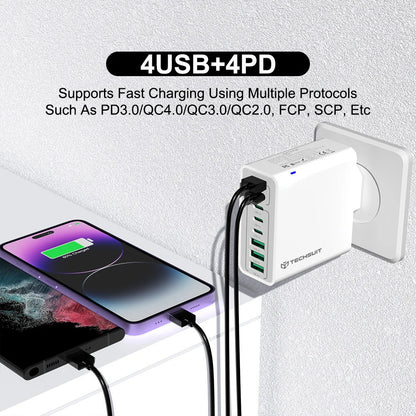 Síťová nabíječka Techsuit CHPD224, 65W, 3.25A, 4 x USB-A - 4 x USB-C, Bílá