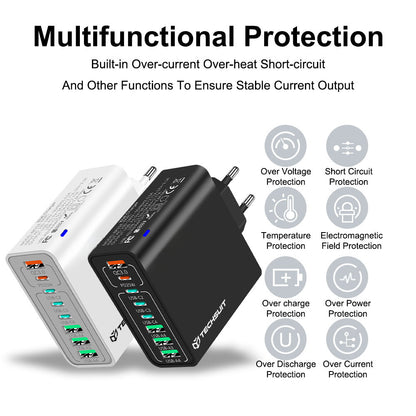 Síťová nabíječka Techsuit CHPD224, 65W, 3.25A, 4 x USB-A - 4 x USB-C, Bílá