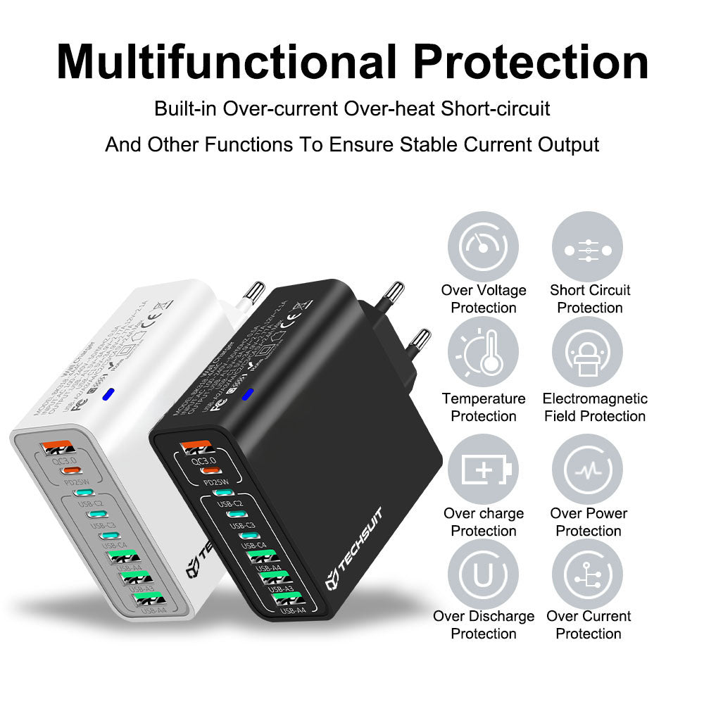 Síťová nabíječka Techsuit CHPD224, 65W, 3.25A, 4 x USB-A - 4 x USB-C, černá