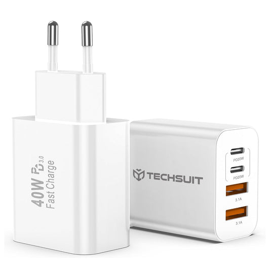 Síťová nabíječka Techsuit PowerXQuad CH4, 40W, 3A, 2 x USB-A - 2 x USB-C, Bílá