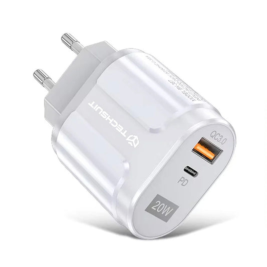 Síťová nabíječka Techsuit Premium, 20W, 3A, 1 x USB-A - 1 x USB-C, Bílá