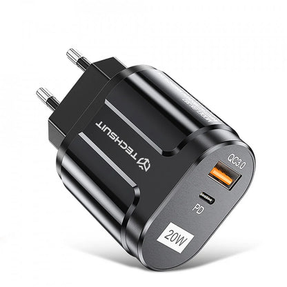 Síťová nabíječka Techsuit Premium, 20W, 3A, 1 x USB-A - 1 x USB-C, Černá CHPD038