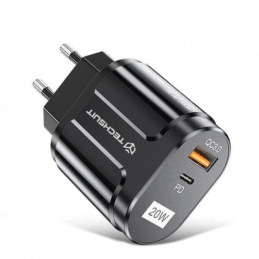 Síťová nabíječka Techsuit Premium, 20W, 3A, 1 x USB-A - 1 x USB-C, Černá CHPD038
