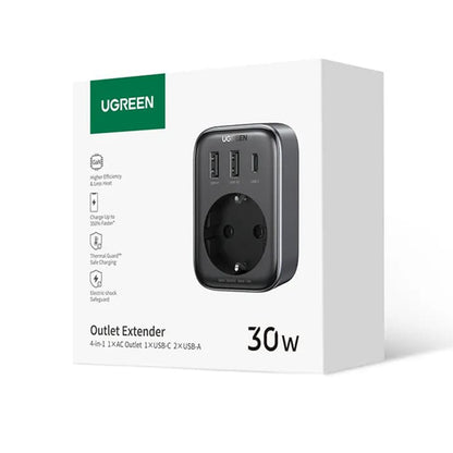 Síťová nabíječka UGREEN 15289 US, 30W, 3A, 2 x USB-A - 1 x USB-C - 1 x Schuko, černá