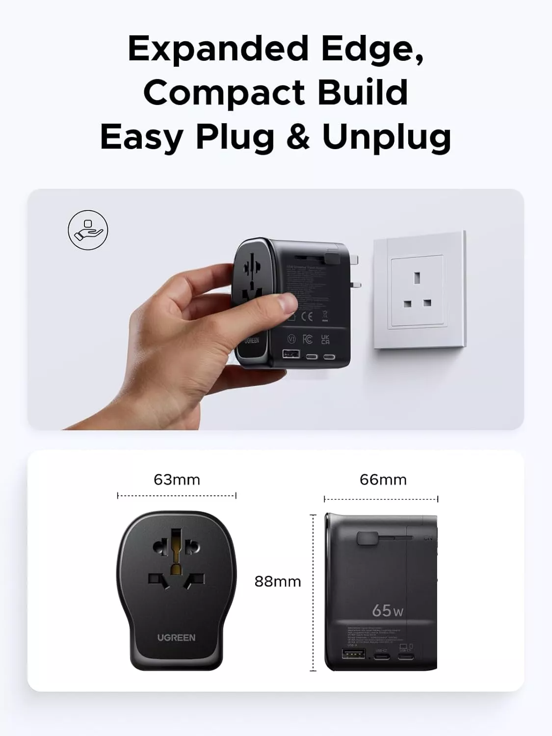 Síťová nabíječka UGREEN Travel S550 (55001), 65W, 3,25A, 1 x USB-A - 2 x USB-C, černá