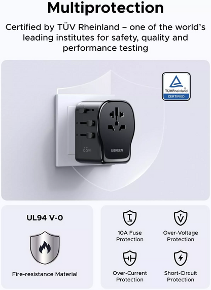 Síťová nabíječka UGREEN Travel S550 (55001), 65W, 3,25A, 1 x USB-A - 2 x USB-C, černá