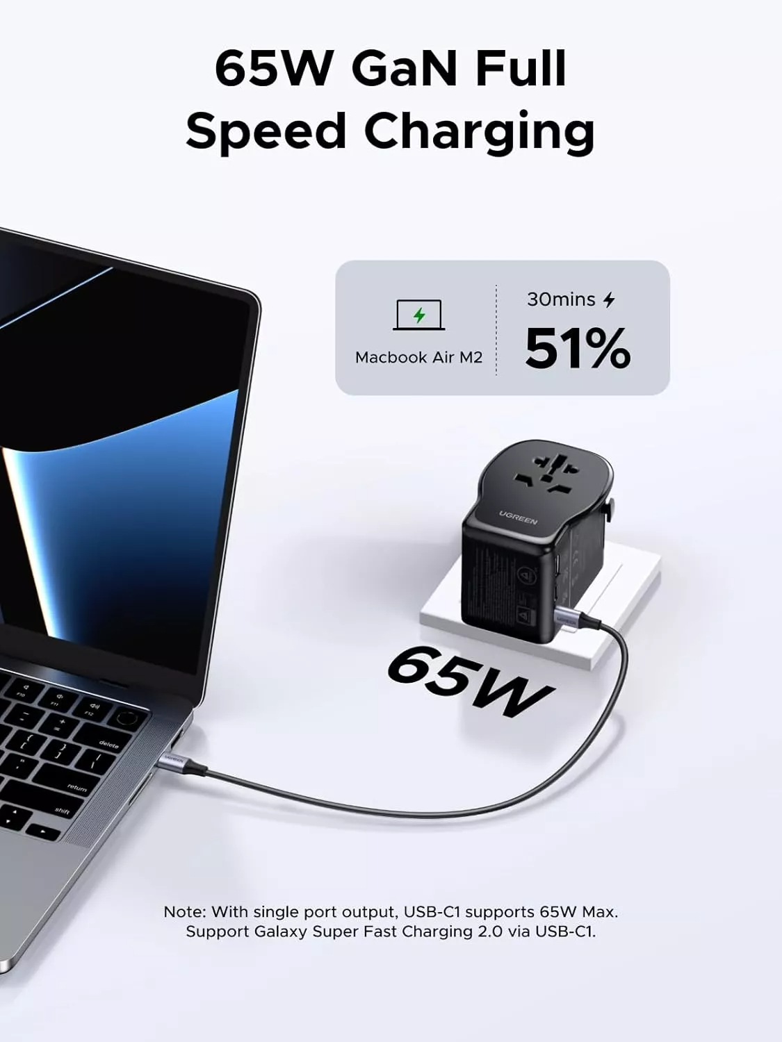Síťová nabíječka UGREEN Travel S550 (55001), 65W, 3,25A, 1 x USB-A - 2 x USB-C, černá