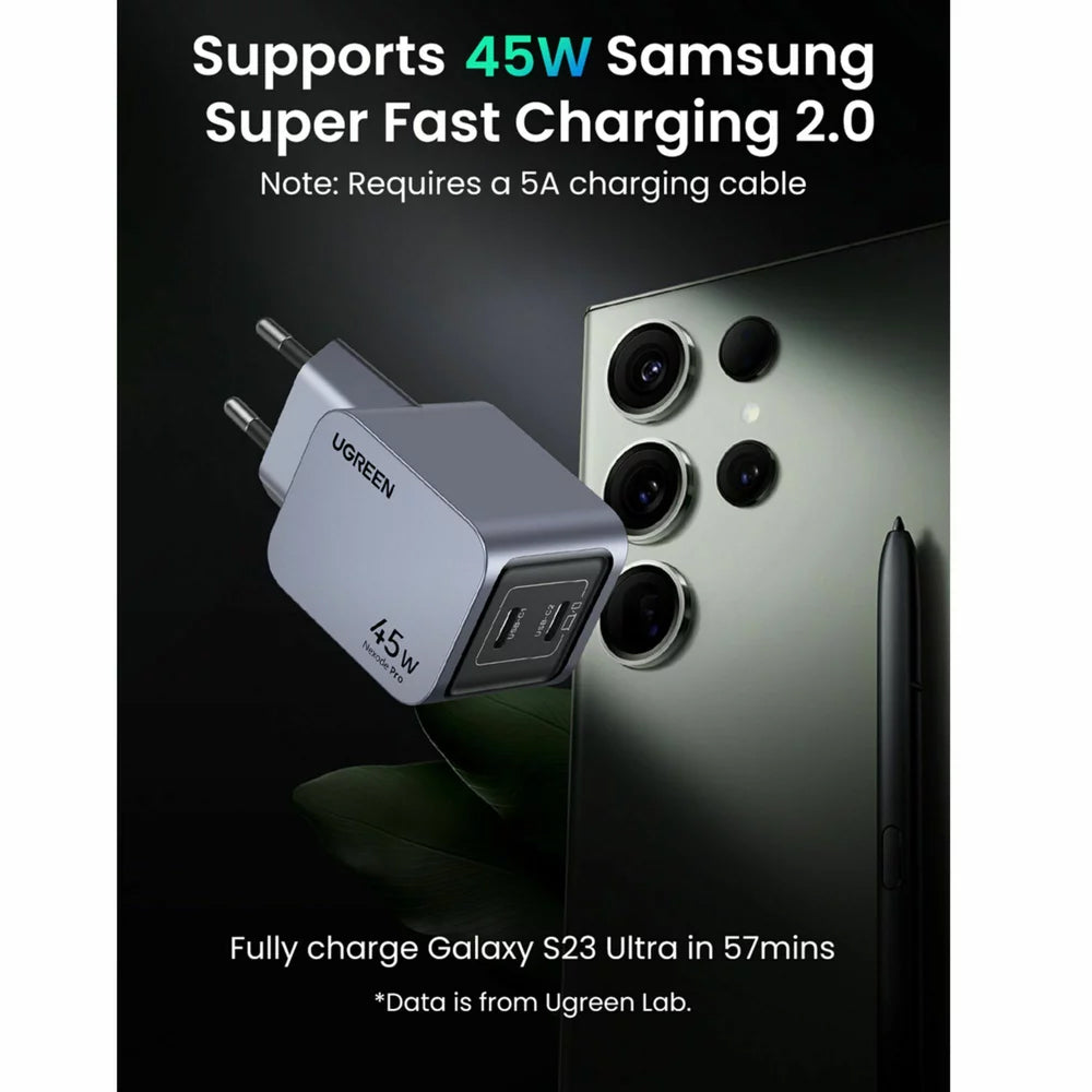 Síťová nabíječka UGREEN X707 Nexode Pro, 45 W, 3A, 2 x USB-C, šedá 