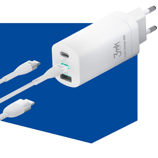 Síťová nabíječka 3MK HyperCharger, 65W, 5A, 1 x USB-A - 2 x USB-C, bílá
