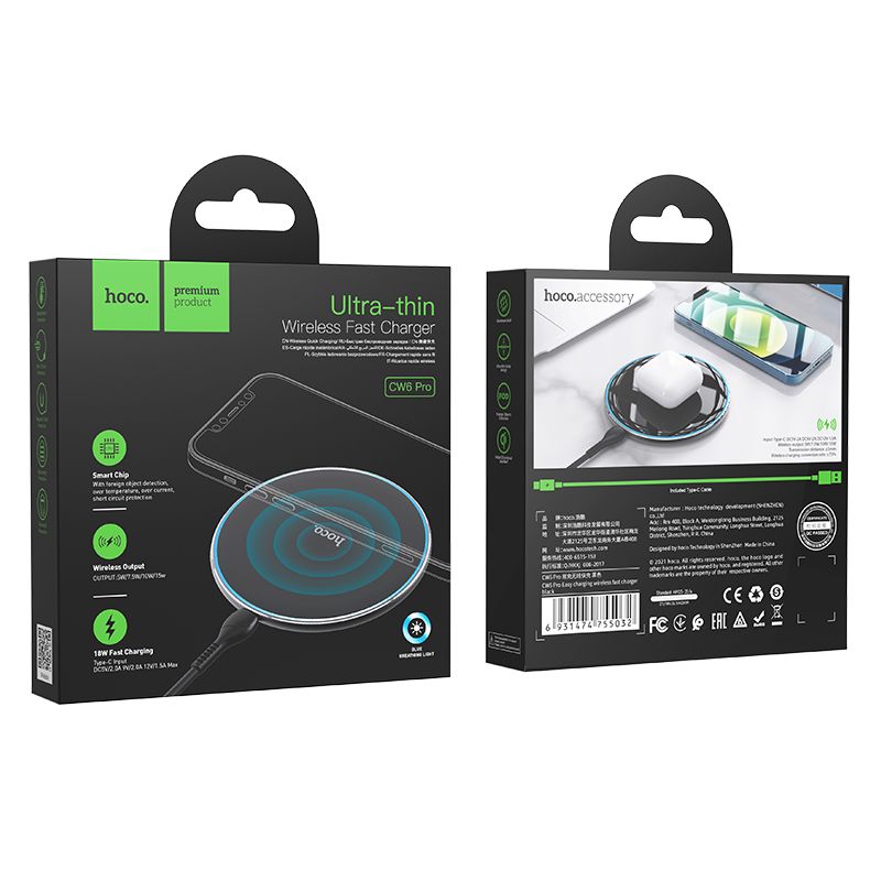 Bezdrátová síťová nabíječka HOCO CW6 Pro, 15W, 1.67A, Černá