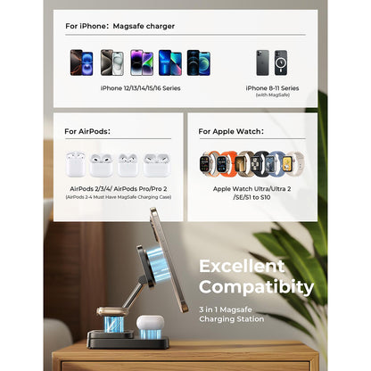 Bezdrátová nabíjecí stanice Lisen 3v1, 15W, 1.67A, Černá YL0424010003