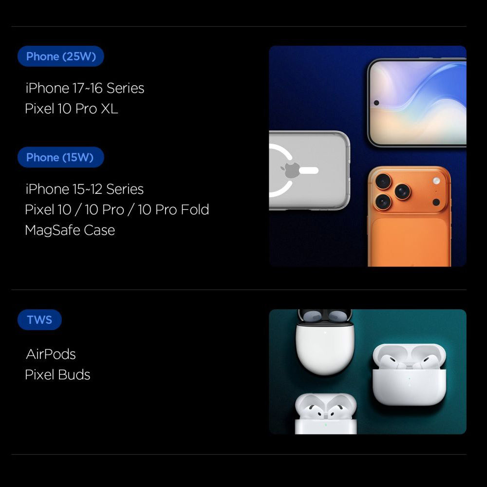Spigen EF302MOQ 3in1 Wireless Network Charger, 25W, 1 x USB-C, Gray