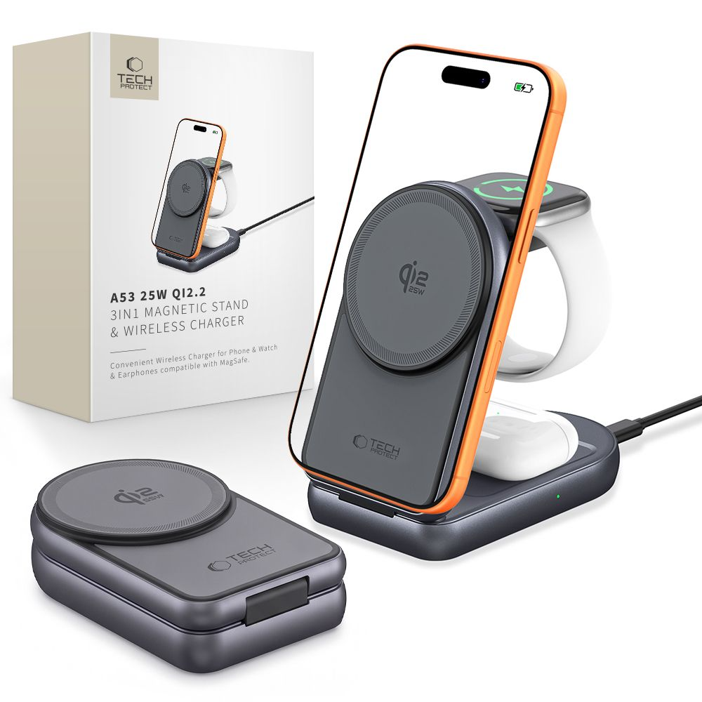 Bezdrátová síťová nabíječka Tech-Protect A53 3v1, 25W, šedá