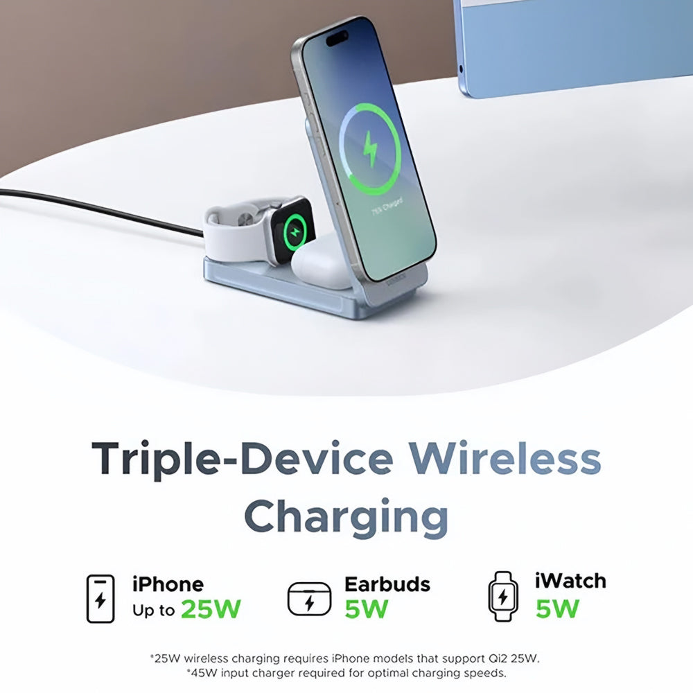 Bezdrátová síťová nabíječka UGREEN W757 (65901) 3v1, 25W, modrá