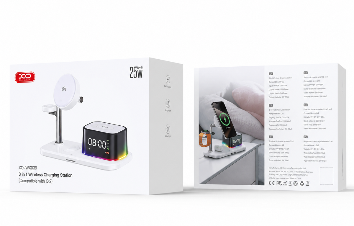Bezdrátová síťová nabíječka XO Design CX045 3v1, 25W, bílá