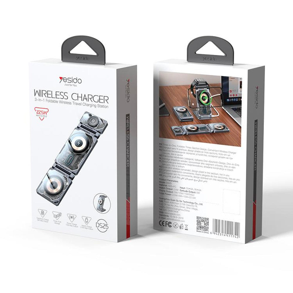 Bezdrátová nabíječka Yesido DS25 3v1, 15W, 1.67A, Černá