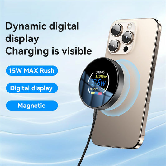 Bezdrátová síťová nabíječka Yesido DS28 Display, 15W, 1.67A, Černá