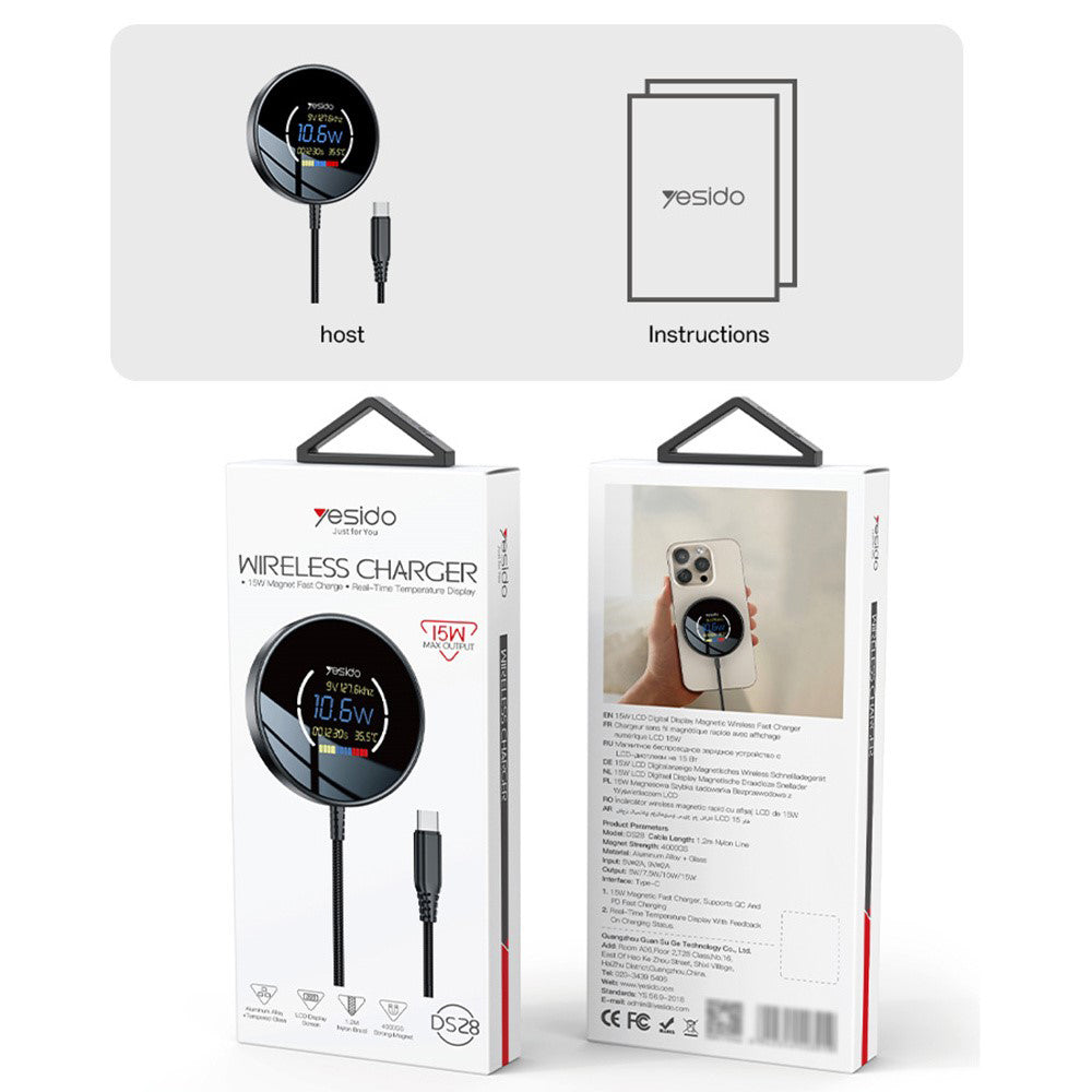 Bezdrátová síťová nabíječka Yesido DS28 Display, 15W, 1.67A, Černá