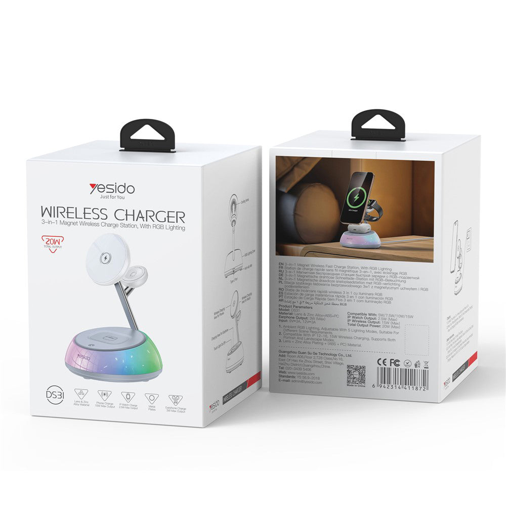 Bezdrátová nabíječka Yesido DS31 3v1, 15W, 1.67A, Bílá