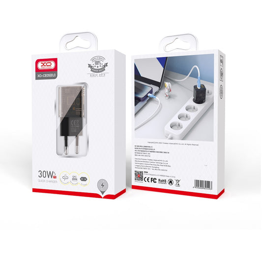 Síťová nabíječka XO Design CE05, 30W, 3A, 1 x USB-A - 1 x USB-C, Hnědá