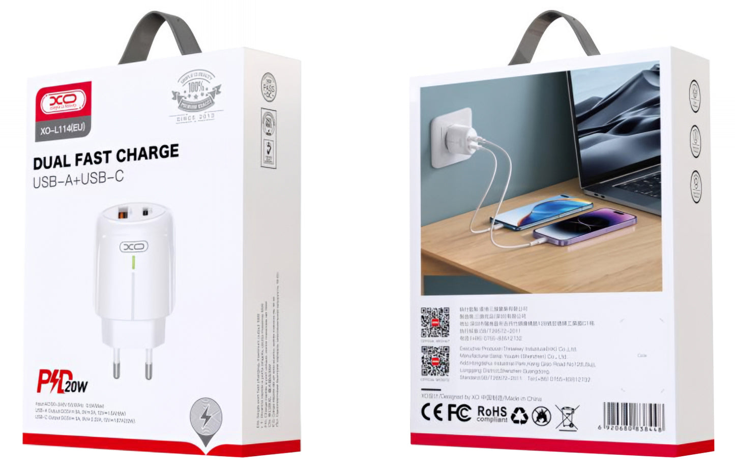 Síťová nabíječka XO Design L114, 20W, 3A, 1 x USB-A - 1 x USB-C, Bílá