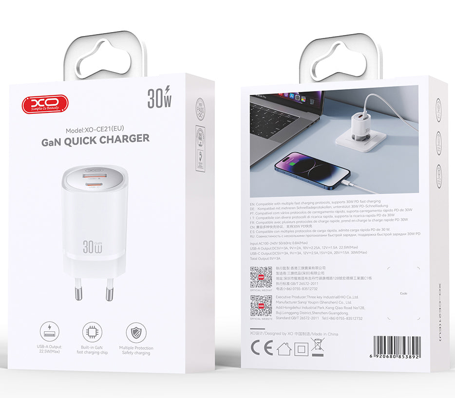 Síťová nabíječka XO Design CE21, 30W, 3A, 1 x USB-A - 1 x USB-C, Bílá