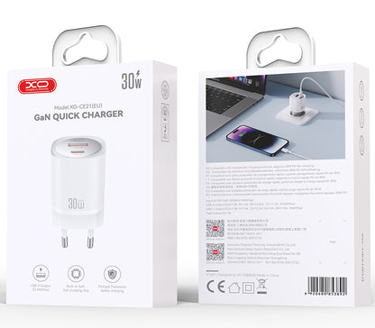 Síťová nabíječka XO Design CE21, 30W, 3A, 1 x USB-A - 1 x USB-C, Bílá