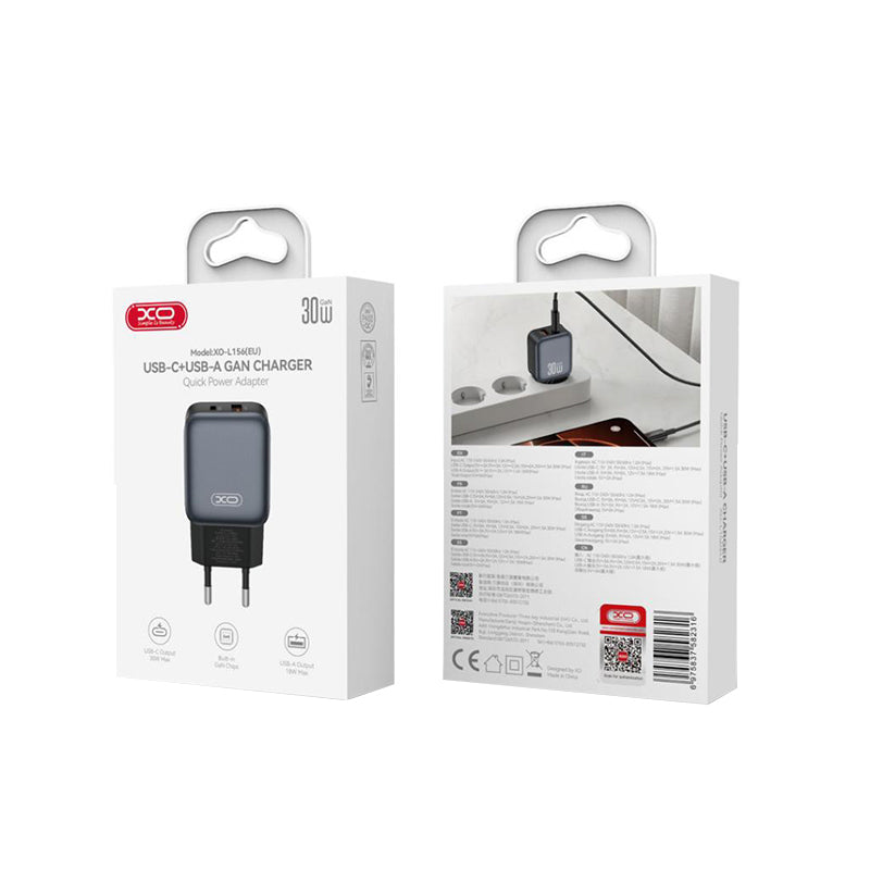 Síťová nabíječka XO Design L156, 30W, 3A, 1 x USB-A - 1 x USB-C, Černá