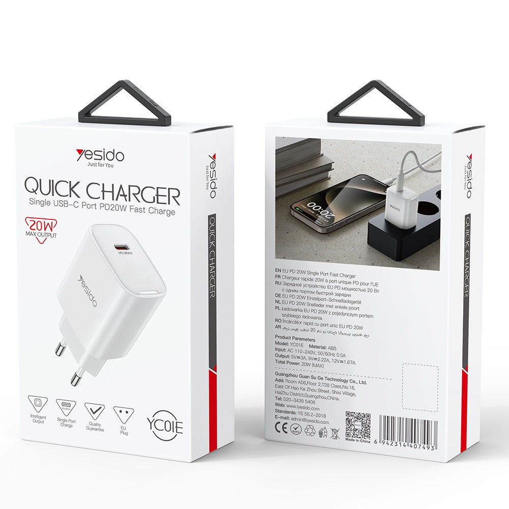 Síťová nabíječka Yesido YC01E, 20W, 3A, 1 x USB-C, Bílá