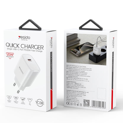 Síťová nabíječka Yesido YC01E, 20W, 3A, 1 x USB-C, Bílá