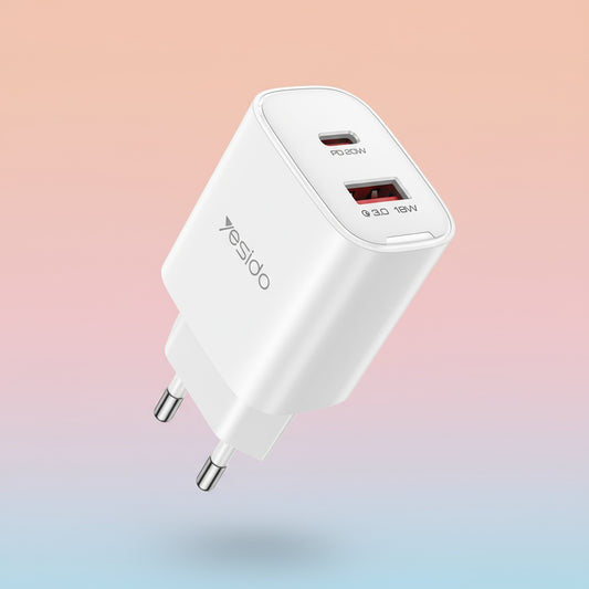 Síťová nabíječka Yesido YC02E, 20W, 3A, 1 x USB-A - 1 x USB-C, Bílá