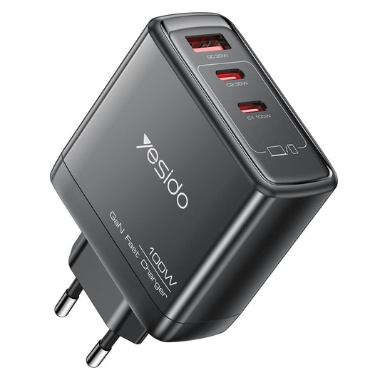 Síťová nabíječka Yesido YC142, 100W, 5A, 1 x USB-A - 2 x USB-C, Černá