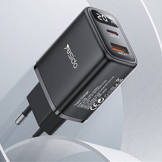 Síťová nabíječka Yesido YC68, 20W displej, 3A, 1 x USB-A - 1 x USB-C, černá