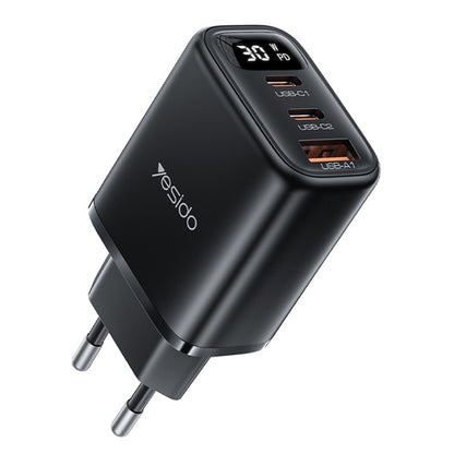 Síťová nabíječka Yesido YC69 Display, 30W, 3A, 1 x USB-A - 2 x USB-C, černá