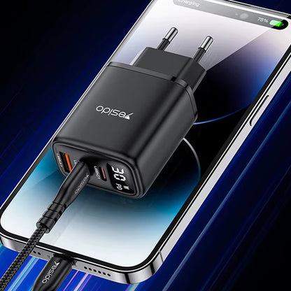 Síťová nabíječka Yesido YC69 Display, 30W, 3A, 1 x USB-A - 2 x USB-C, černá