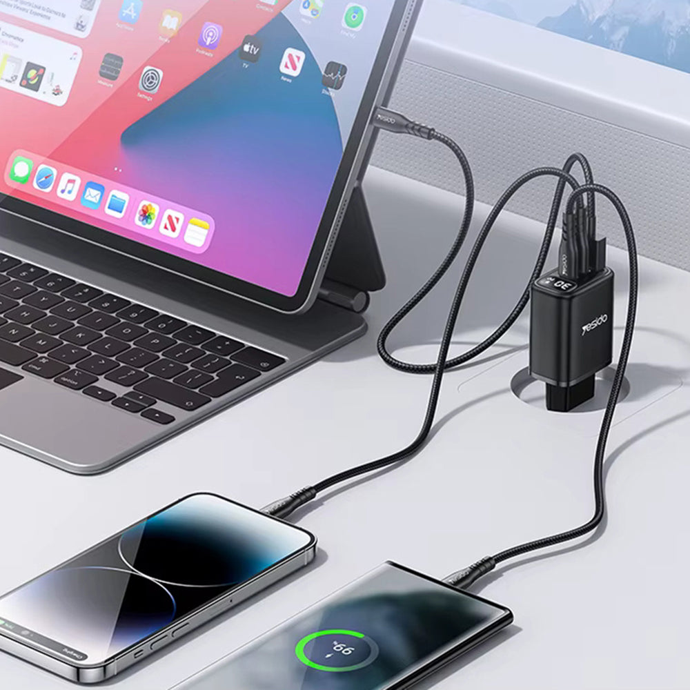 Síťová nabíječka Yesido YC69 Display, 30W, 3A, 1 x USB-A - 2 x USB-C, černá