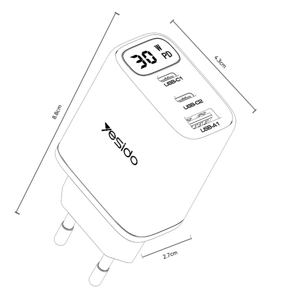 Síťová nabíječka Yesido YC69 Display, 30W, 3A, 1 x USB-A - 2 x USB-C, černá
