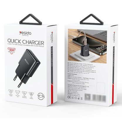 Síťová nabíječka Yesido YC74, 30W, 3A, 1 x USB-C, Černá