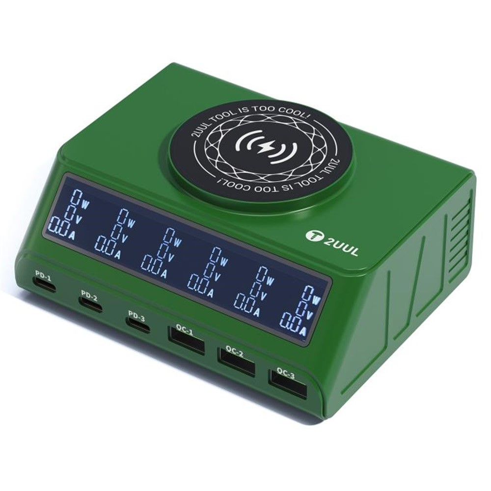 Nabíječka Stanice 2UUL PC11 QI, 110W, 3A, 3 x USB-A - 3 x USB-C, Zelená