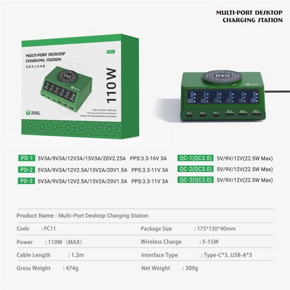 Nabíječka Stanice 2UUL PC11 QI, 110W, 3A, 3 x USB-A - 3 x USB-C, Zelená
