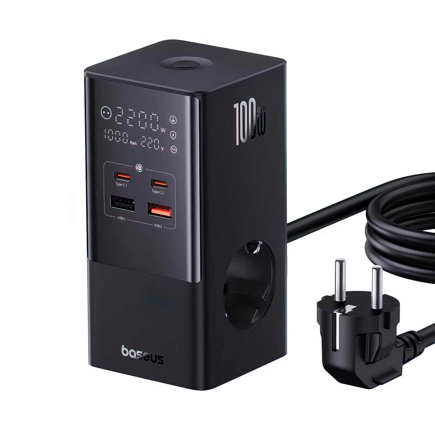Nabíječka Baseus PowerCombo Tower, 100W, 5A, 2 x Schuko - 2 x USB-A - 2 x USB-C, Černá E00023609113-00