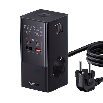 Nabíječka Baseus PowerCombo Tower, 100W, 5A, 2 x Schuko - 2 x USB-A - 2 x USB-C, Černá E00023609113-00