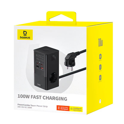 Nabíječka Baseus PowerCombo Tower, 100W, 5A, 2 x Schuko - 2 x USB-A - 2 x USB-C, Černá E00023609113-00