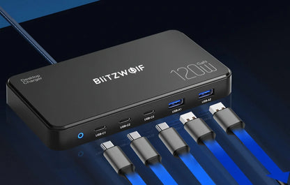 Nabíječka stanice BlitzWolf BW-i100, 120W, 5A, 2 x USB-A - 3 x USB-C, Černá
