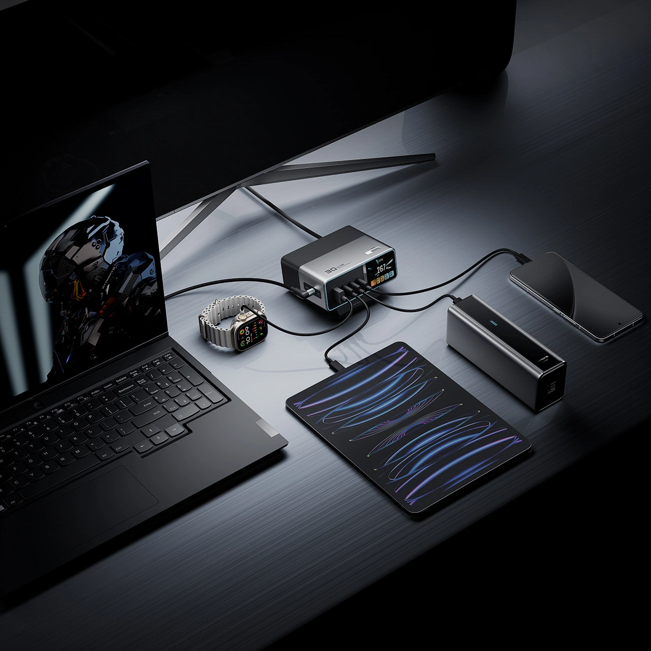 Nabíječka stanice Cuktech TA3005U, 300W, 1 x DC - 1 x USB-A - 3 x USB-C, Šedá