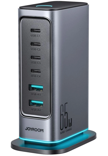 Nabíječka stanice Joyroom JR-TCM02 UK, 65W, 3,25A, 2 x USB-A - 4 x USB-C, šedá